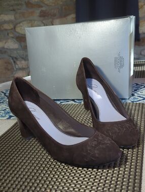 Delman Dark Brown Suede Block Heel Pumps